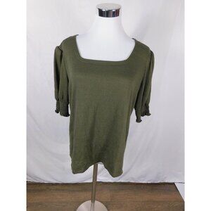 Nine West Olive Green Square-Neck Top L - Smocked Cuffs - Excellent